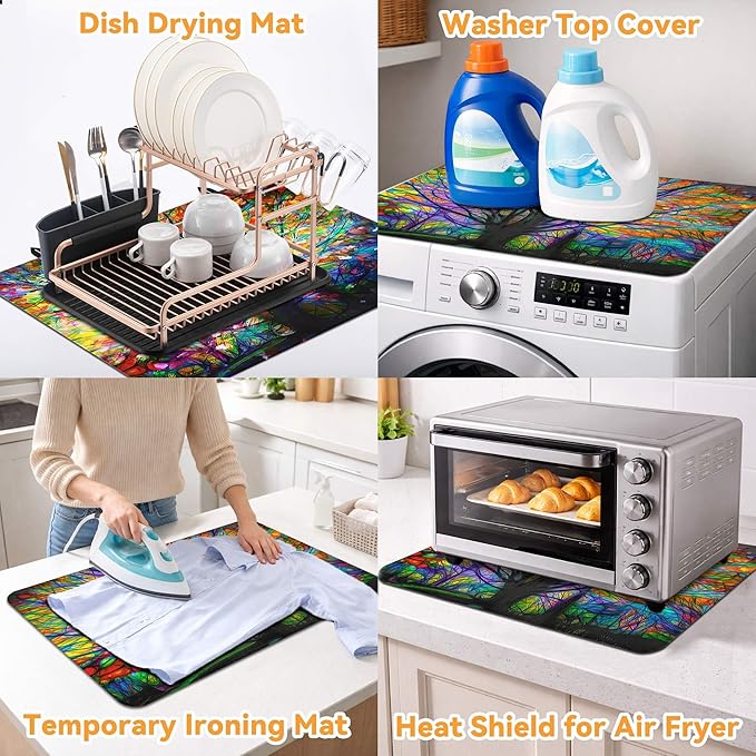 Decorative Stove Top Covers for Electric Stove 28"x20" – Heat Resistant Glass Cooktop Protector Dish Drying Mat – Non-Slip Rubber Backing Washer Top Cover Waterproof Extra Counter Space (Tree 1)