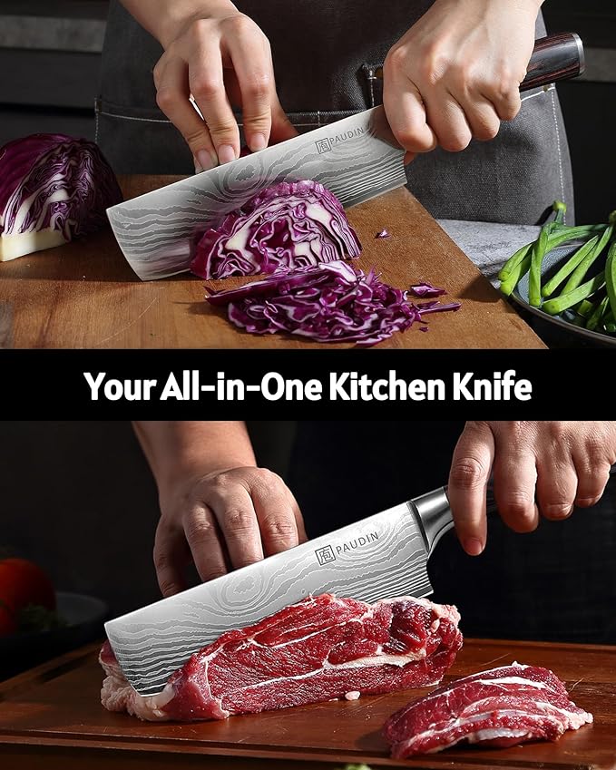PAUDIN Nakiri Knife - 7" Razor Sharp Meat Cleaver and Vegetable Kitchen Knife, High Carbon Stainless Steel, Multipurpose Asian Chef Knife for Home and Kitchen with Ergonomic Handle