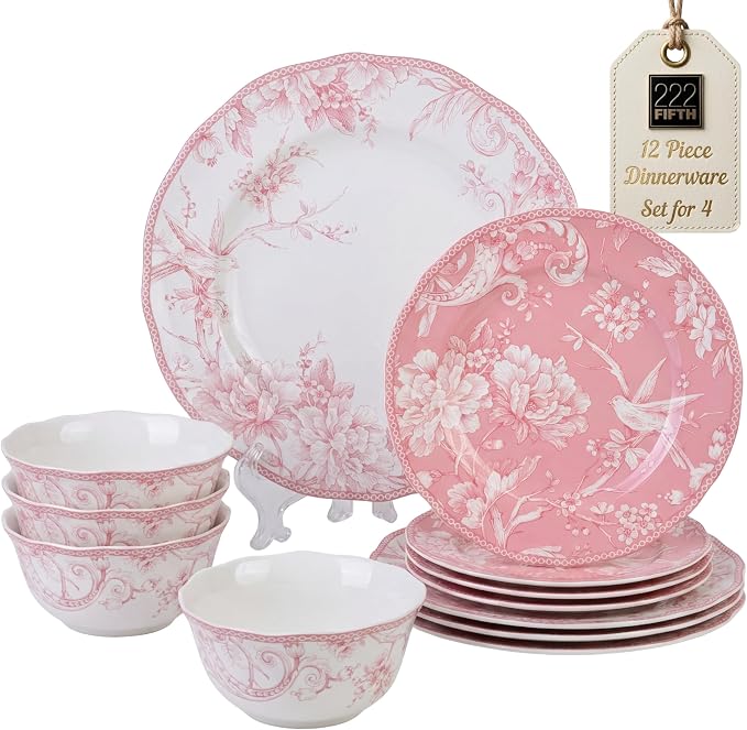 222 Fifth Adelaide Blush 12-Piece Pink Porcelain Dinnerware Set – Service for 4, Big Dinner Plates and Bowls Sets, White with Pink Floral Pattern, for Daily Entertainment, Microwave & Dishwasher Safe