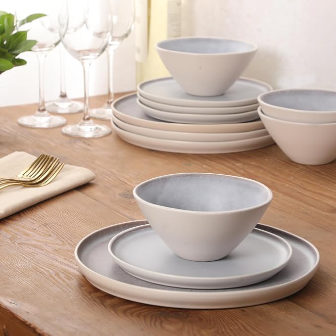 Gibson Elite Coastal Forest Plates and Bowls Sets, 12-Piece Stoneware Dinnerware Sets, Triple Reactive Glaze Dish Set - Light Grey and Cream White