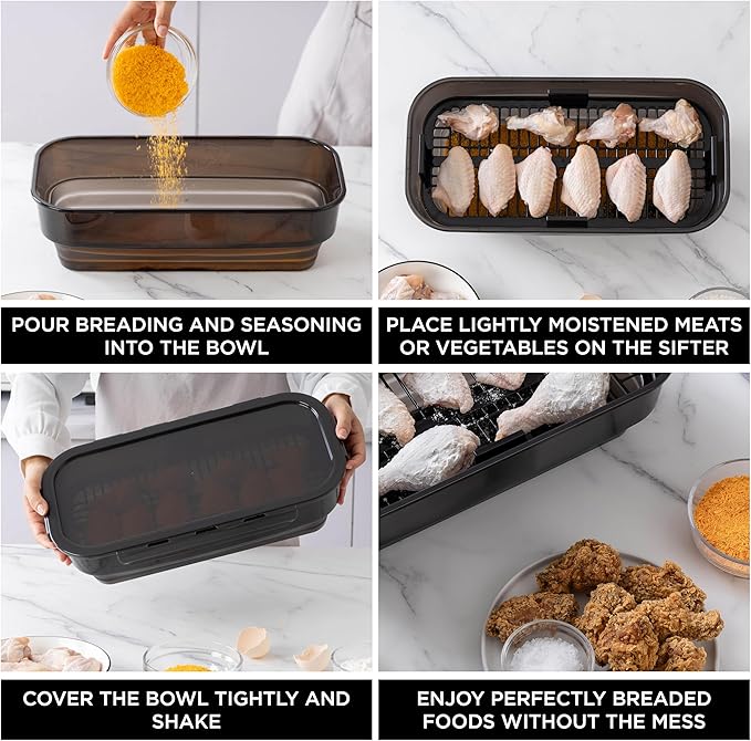 COOK WITH COLOR Collapsible Batter Bowl - Mess Free Breading Shaker Container - Great for Fried Fish, Fried Chicken, Onion Rings, Wings & More, Black