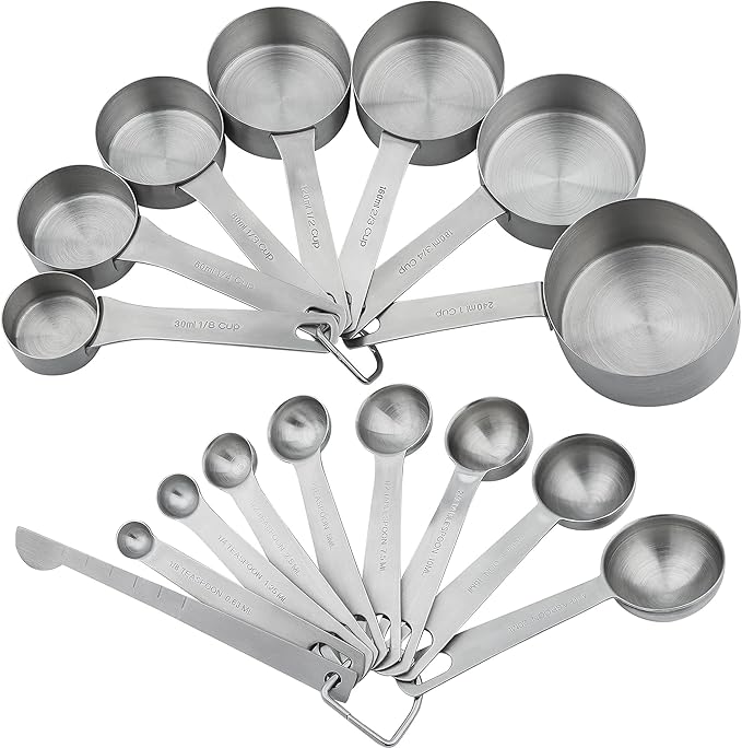 Measuring Cups and Spoons Set, Stainless Steel Measuring Cups, 18/8(304) Material Heavy Duty 7 Measuring cups and 8 Measuring Spoons 1 Leveler and 2 rings Pack 18pcs Per set