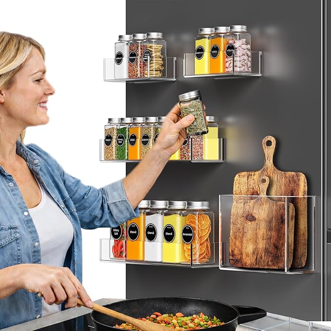 Magnetic Spice Rack Organizer for Refrigerator, Acrylic Magnetic Storage Shelf Set (5 Pack, 3 Sizes), Strong Fridge Organizer for Spices, Bottles, Wraps & Snacks, Space-Saving Kitchen Storage Solution