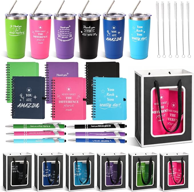 6 Set/36 Pcs Teacher Employee Appreciation Gifts Bulk - 20 Oz Insulated Tumblers, Steel Straw & Cleaner, Gift Bag, Inspirational Notebook, Motivational Pen - Thank You Gift for Coworker, Nurses