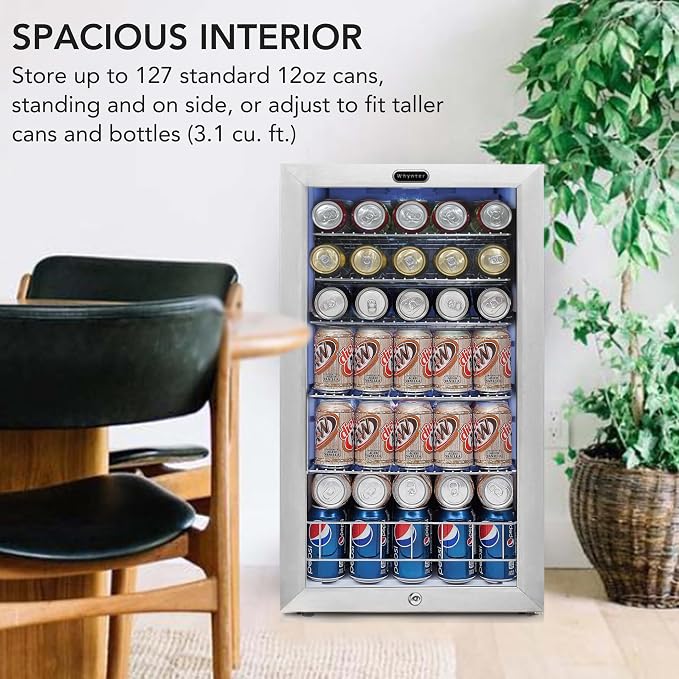 Whynter Beverage Refrigerator with Double-Layer Glass Door, 127-Can 3.1 Cu. Ft. Drink Mini Fridge with Lock, BR-128WS, Stainless Steel