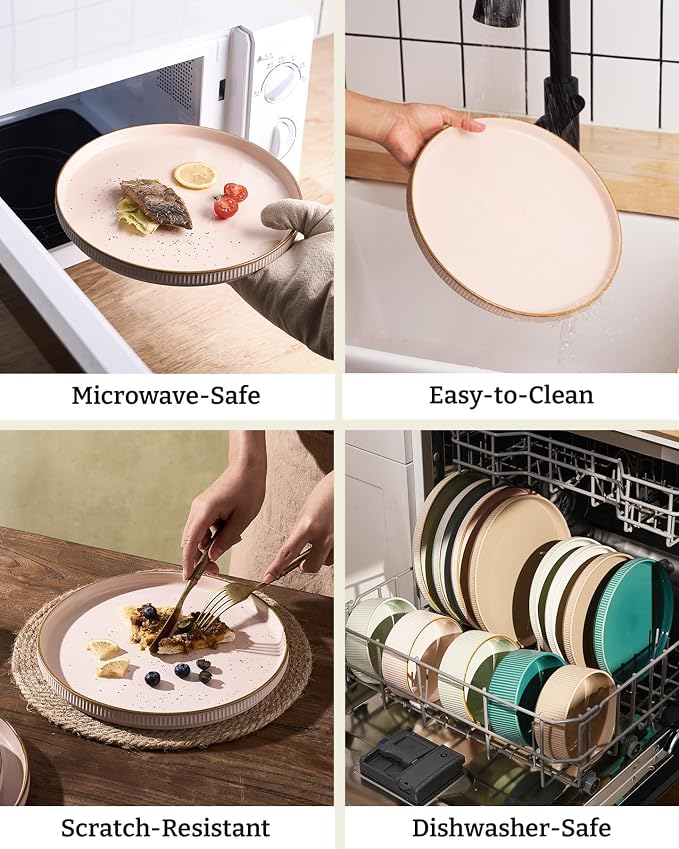 Famiware Star 12-Piece Stoneware Dinnerware Set for 4 – Pink, Ribbed Ceramic Plates and Bowls with Rim – Modern Rustic Dishes, Everyday & Formal – Chip & Scratch Resistant, Microwave & Dishwasher Safe
