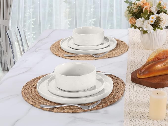 LIANYU Dinnerware Sets with Pasta Bowls for 4, 16 Piece Ceramic Dinner Plates and Bowls Dish Set, Kitchen Speckled Dining Tableware Dishware, Microwave & Dishwasher Safe, Polar White