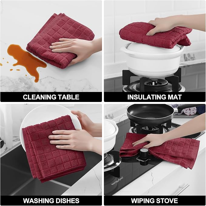 Homaxy Premium Cotton Kitchen Towels 16"x 28", Large Natural Ring Spun 390 GSM Dish Towels, Super Absorbent Terry Kitchen Hand Towels, Soft Tea Towels with Hanging Loop, Pure Red Check Design, 4 Pack