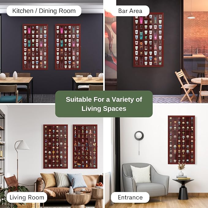 Shot Glass Display Cabinet Solid Wood - Large Display Case for Collectibles | Man Cave Accessories | UV Protection Acrylic Door | Wall Mounted Black Shadow Box | 52 Slots | 32"x17" Mahogany