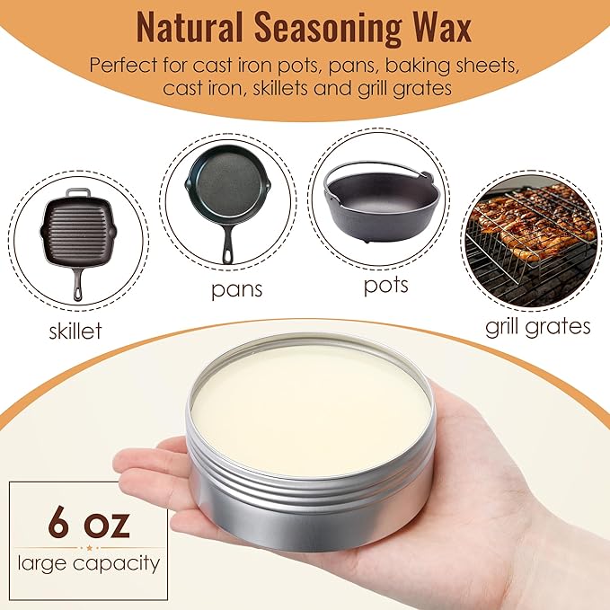 4pcs Cast Iron Cleaner and Care Kit - 6oz Cast Iron Seasoning Wax, Chainmail Cleaning Scrubber, Silicone Pot Handle Holder and Bamboo Dish Brush for Wok, Skillet, Pan, Dutch Oven, Griddle