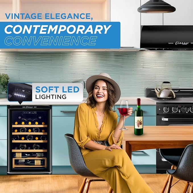 Unique Appliances Classic Retro Electric Wine Cooler, 28-Bottle Wine Fridge with Adjustable Wooden Shelves and Intuitive Digital Control Panel, Single Zone, 21", Midnight Black
