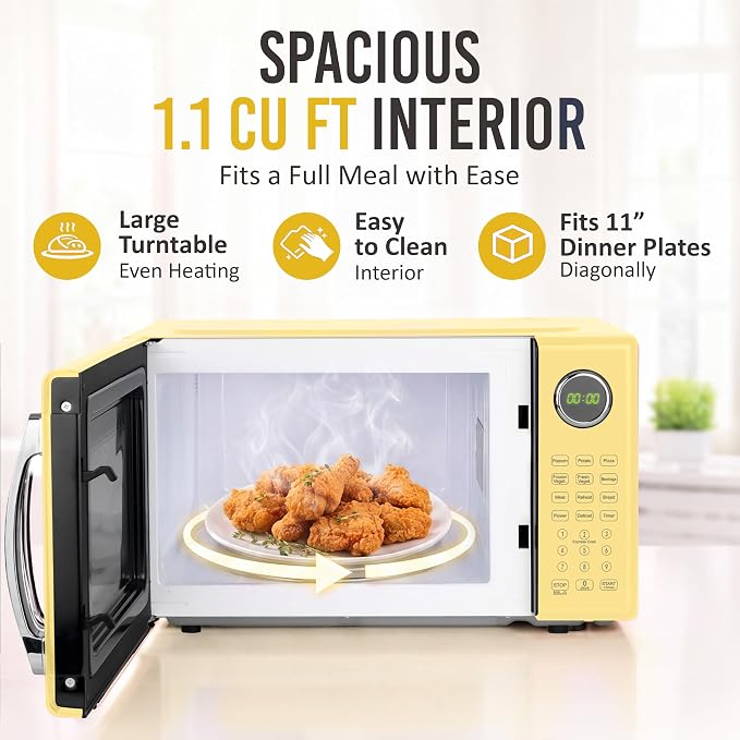 Nostalgia Modern Retro Compact Countertop Microwave Oven - 1.1 Cu. Ft. - 1000-Watts with LED Digital Display - Child Lock - Easy Clean Interior - Yellow