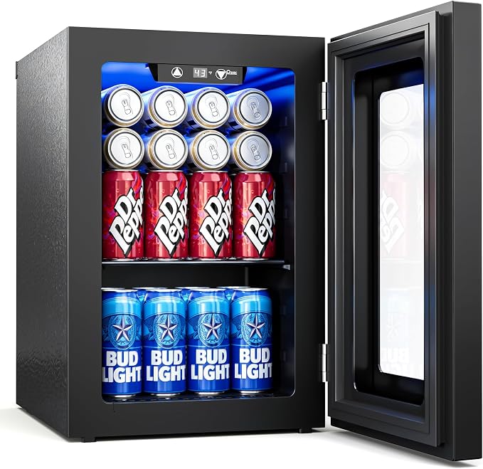Tehanld 0.6 Cu.ft Beverage Cooler, Compressor Mini Fridge with Glass Door, Small Beverage Refrigerator 40-61°F Adjustable Temperature, Freestanding Soda Beer Fridge for Office, Bedroom, Black