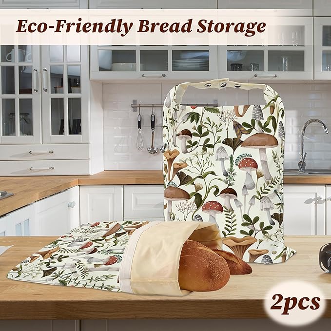 Bread Bags for Homemade Bread- Mushroom Forest Dragonfly Berry 2 Pack Linen and Beeswax Sourdough Storage Bags, Reusable Keeper, Keeps Breads Fresh Longer, Gifts for Bakers