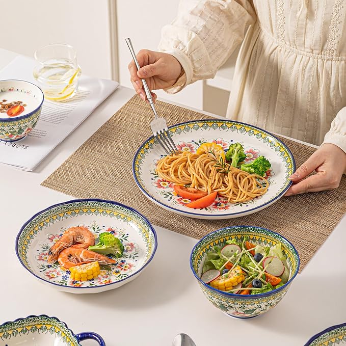18-Piece Ceramic Dinnerware Set, Service for 6, Bohemian Floral Dish Set, Includes Plates and Bowls Sets, Microwave & Oven & Dishwasher Safe, Vintage Dish Set