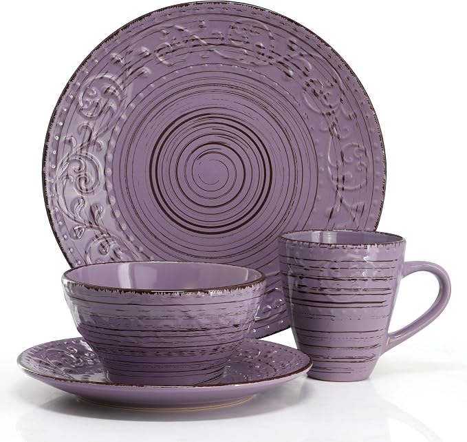 Elama Malibu Mica 16-Piece Stoneware Embossed Pattern Reactive Glaze Purple Dinnerware Set, Tableware, Serveware Set (Mica Purple)