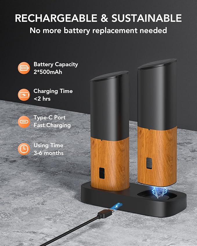 FORLIM Gravity Electric Salt and Pepper Grinder Set, Upgraded Large Capacity, USB Rechargeable Pepper grinder Automatic One Hand Operated, Adjustable Coarseness with LED Light（Natural Wood Grain）