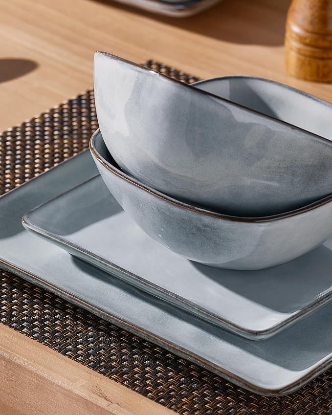 Famiware Ocean Square Plates and Bowls Set, 18 Pieces Stoneware Dinnerware Sets, Dishes Set for 6, Reactive Glaze, Microwave and Dishwasher Safe, Scratch Resistant, Grey