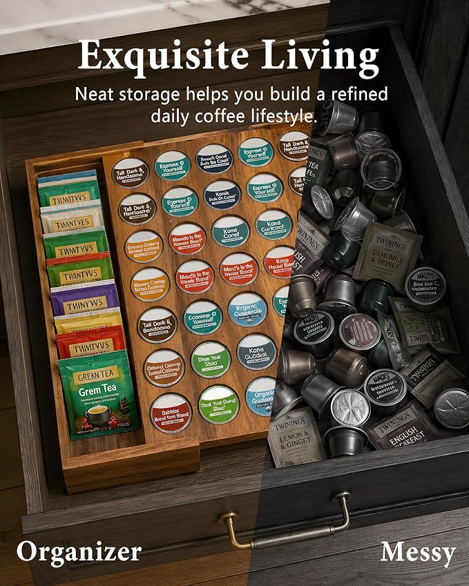 Acacia Wood Coffee Drawer Organizer, 35 Slot K Cup Drawer Organizer, Expandable Coffee Pod Drawer Organizer with Side Pull Out Tea Bag Holder for K Cups and Pods