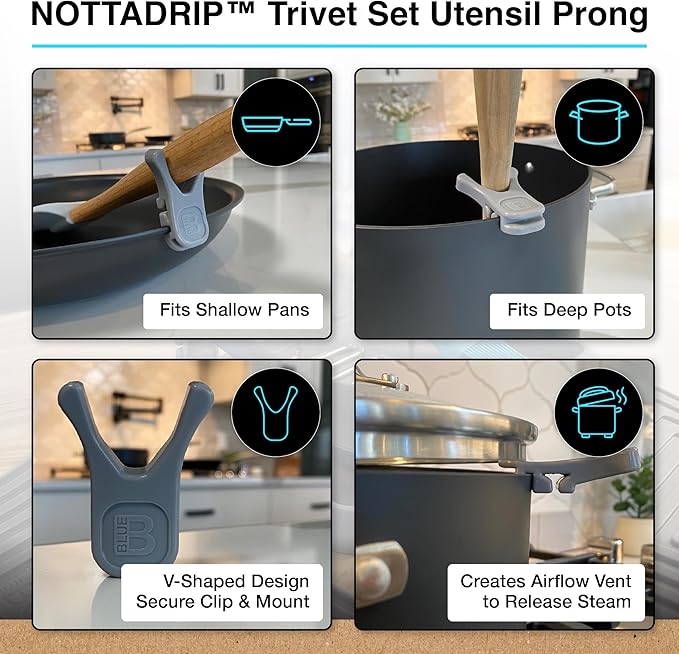 Nottadrip Silicone Spoon Rest for Stove Top - Kitchen Spoon Rest for Countertop, Ladle Holder, All in 1 Serving Station, Elevate Handles, Drip to Tray, Mess Free - 5PC Trivet Set - Gray