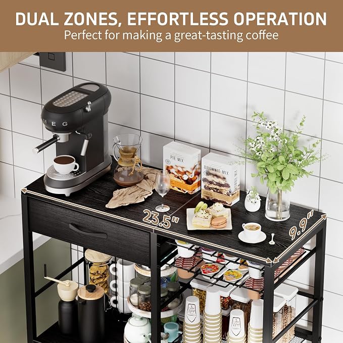Coffee Bar with Integrated Storage,5-Tier Coffee Bar Cabinet with Drawers,Kitchen Coffee Bar Table with 2-Layer Capsule Drawer,for Living Room and Corner Kitchen Bar Table,Black