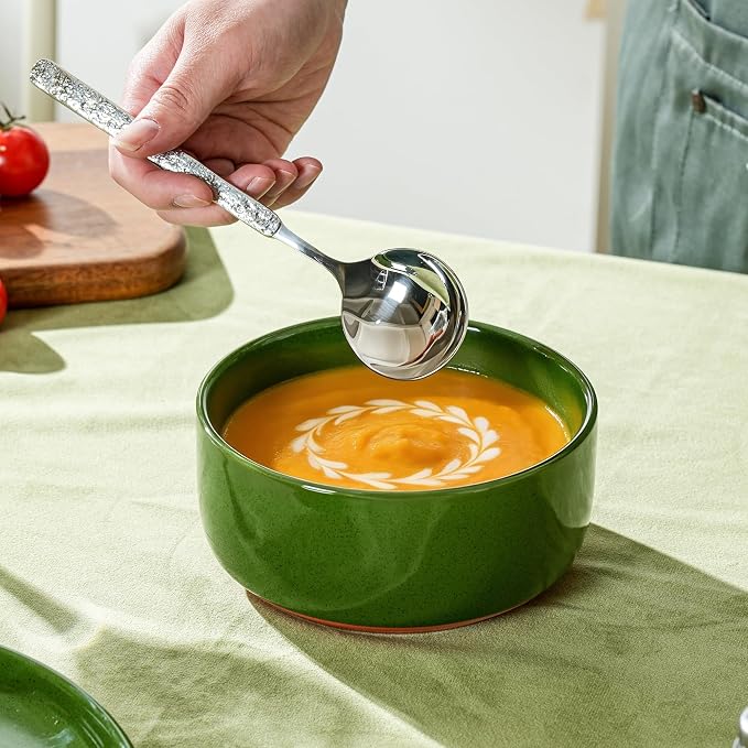 28 OZ Ceramic Cereal Bowls Set, 6 Inch, Set of 4, Elegant Green | Handcrafted, Dishwasher & Microwave Safe, Stoneware Deep Soup Bowls for Everyday Use