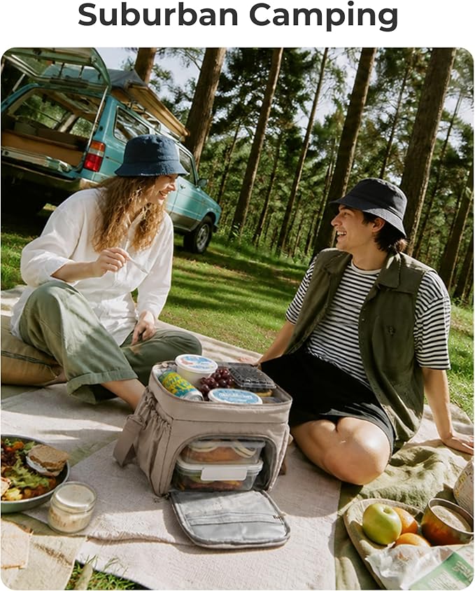 BAGSMART Puffy Insulated Lunch Bag, Lightweight Large 14L Double Deck Lunch Box for Women, Soft Cooler Tote for Office Work Travel Camping with Stretch Side Pockets Fits 40 oz Bottle, Sage Green