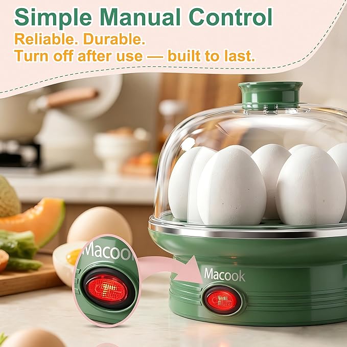 Macook Electric Egg Cooker for Easter, 7 Egg Capacity with Auto Shut-Off, Spring Green Hard Boiled Egg Maker, Ideal Easter Gift for Egg Decorating, Includes Measuring Cup