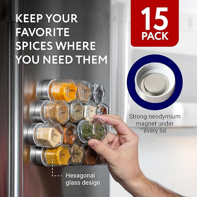 IMPRESA Hexagon Magnetic Spice Jars - Pack of 15-1.74 Oz Strong Magnetic Seasoning Containers - Space-Saving Honeycomb Spice Jars - Airtight Glass Storage Containers with Steel Lids