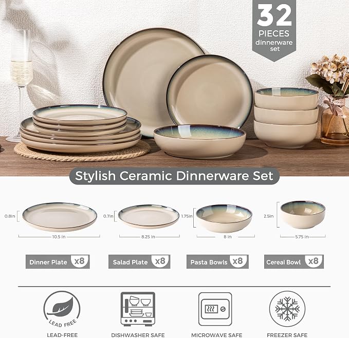 GBHOME 32 Pieces Stoneware Double Bowls Dinnerware Sets for 8, Ceramic Plates and Bowls Set with Reactive Glaze, Scratch Resistant Dishes Set, Dishwasher & Microwave Safe