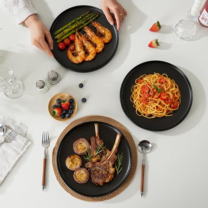 10.25 Inch Dinner Plates, Matte Black, Set of 4 | Matte Glaze Stoneware, For Steak & Pasta, Microwave Safe, Dishwasher Safe, Ceramic