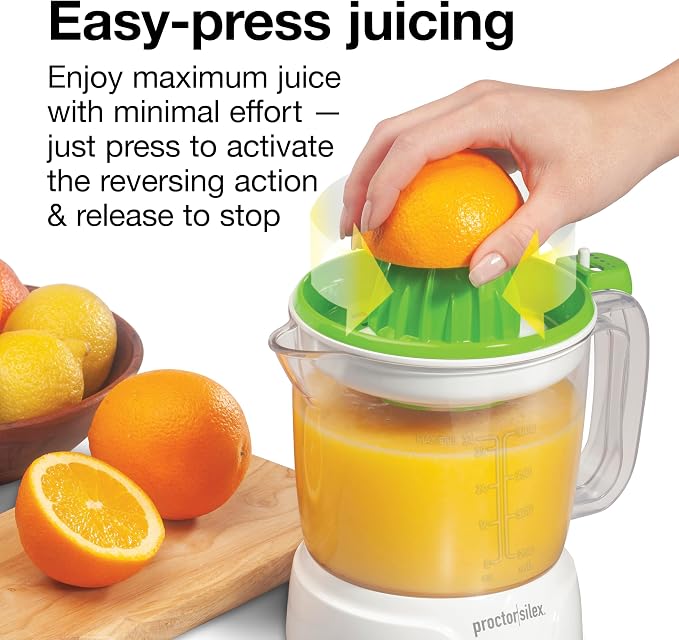 Proctor Silex 34 oz. Electric Citrus Juicer, Orange Juicer | Pressure Activated | 2 Reamers For Big and Small Fruit | Pulp Control | For Orange, Lemon, Grapefruit Juice | White & Green