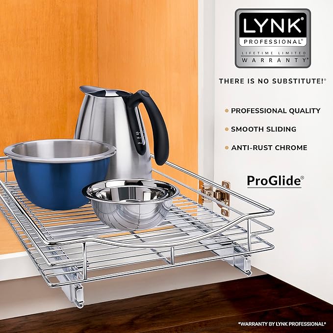 LYNK PROFESSIONAL® Pull Out Cabinet Organizer, 14" x 18" Slide Out Cabinet Organizer Pull Out Drawer – Pull Out Shelves for Kitchen Cabinets – Under Sink Organizers - Lifetime Ltd. Warranty, Chrome