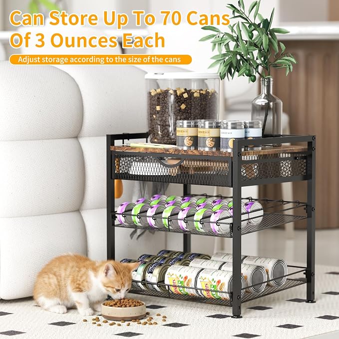 Cat Food Organizer，2 Floors Bring Drawer Storage Rack, Manually Adjust The Gap Size，Store Suitable Can Sizes Container，Automatic Slip Design，Suitable For Pet Food Canned Food Dispenser