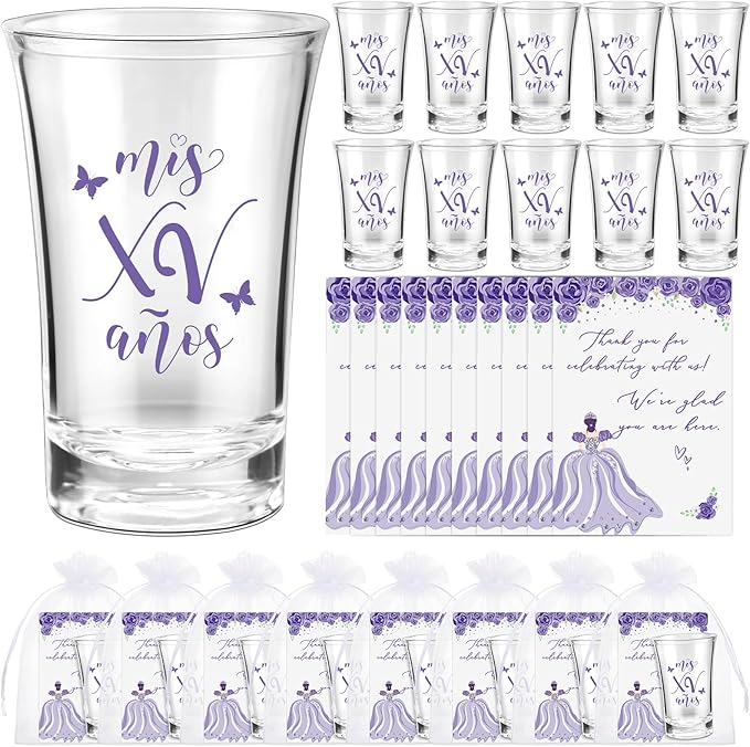 Havawish 50 Sets Quinceanera Party Favors for Guests Quinceanera Acrylic Clear Personalized Shot Glasses Thank You Cards with Organza Bags Mis Xv Años Sweet 15 Birthday Party Favors (Purple)