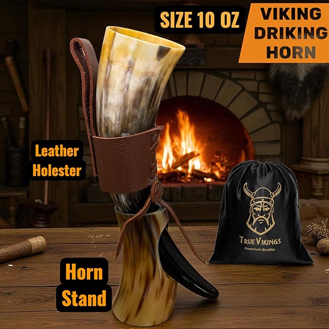 Drinking Horn — 10-12 Inch Viking Gifts for Men & Women | With Thor Bottle Opener & Stand | Handmade & Real Ox Horns | Norse Viking Cup Perfect For Beer, Ale, Mead (12 Oz) (Shine Polished Pack of 2)