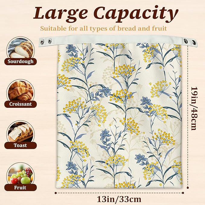 Bread Bags for Homemade Bread, Yellow Berries Leaves 2 Pack Linen and Beeswax Sourdough Storage Bags, Reusable Keeper, Keeps Breads Fresh Longer, Gifts for Bakers