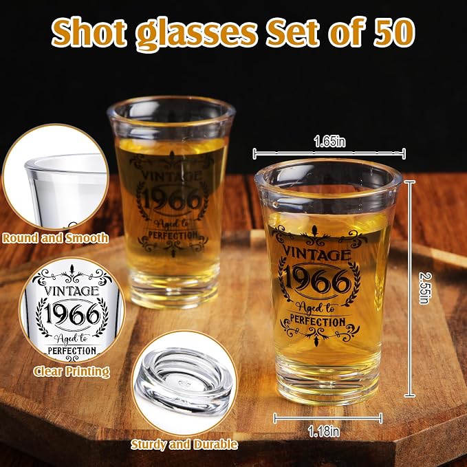 LemonRoad 50 Set 60th Birthday Party Favor for Guest Bulk, 1.4 oz Plastic Shot Glasses Cup, Cheers to 40/50/60/70/80 Years Beer Bottle Opener Keychain Thank You Card Gift Bag for Souvenir Party Gift