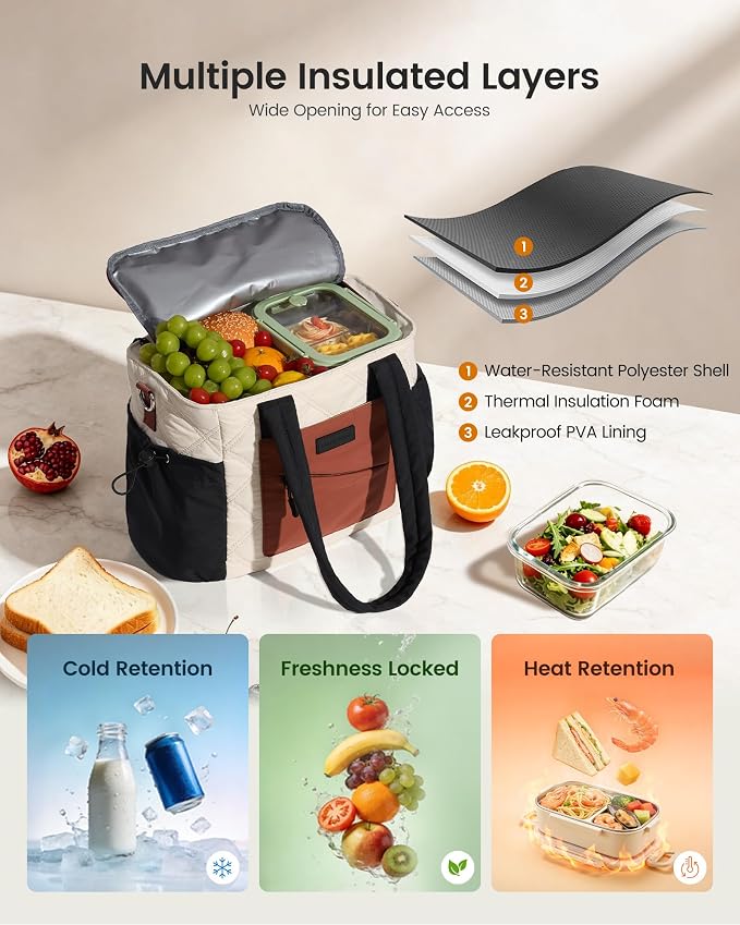 LOVEVOOK Lunch Box for Women, Quilted Insulated Lunch Bag Tote with 40oz Water Bottle Holder, Large Leakproof Cooler Bag for Women with Shoulder Strap, Work Office Nurse Teacher Picnic Travel