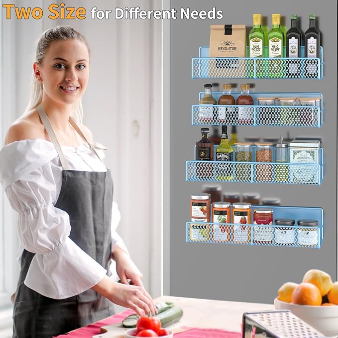 DTUQYX Magnetic Spice Rack for Refrigerator, 4 Pack 100% Metal Strong Magnet Fridge Shelves, Space Saving Spice Organizer, No Drilling Moveable Home Kitchen Laundry Room Storage Organization, Blue