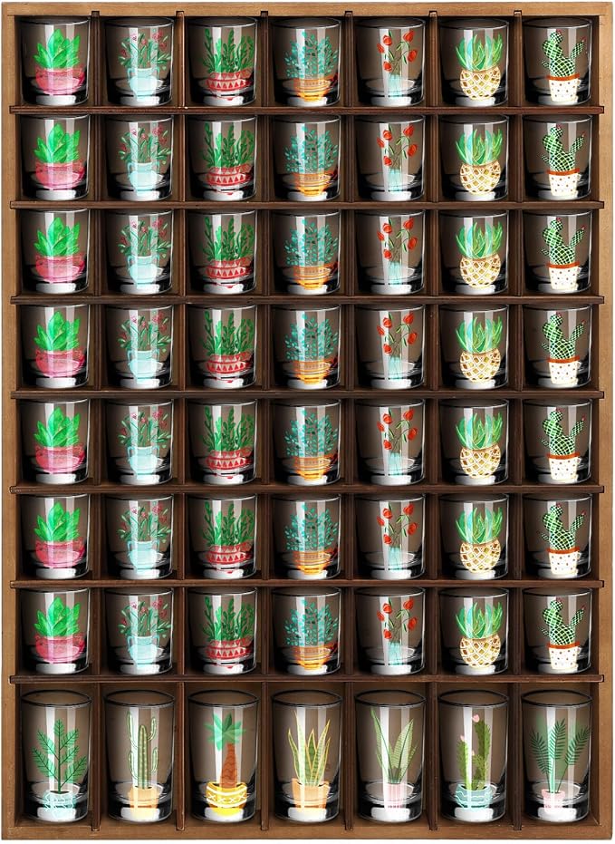 Barydat Shot Glass Display Case Wood Shot Glass shelf holder 56 Compartments Wall-mounted Rustic Bar Cabinet(Brown,2 Pcs)