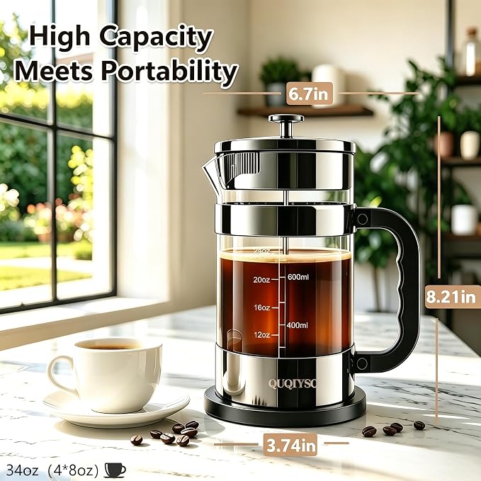 French Press Coffee Maker, 304 Stainless Steel French Press with 4 Filter, Heat Resistant Durable, Easy to Clean, Borosilicate Glass Coffee Press, 100% BPA Free Glass Teapot, 34oz, Dark Pewter