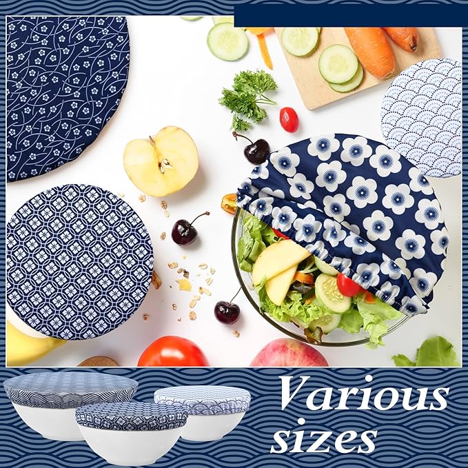 Patelai 10 Pcs Bowl Covers Reusable in 5 Size Stretch Cloth Fabric Elastic Food Storage Bowl Covers Bread Sourdough Lids for Proofing Food Fruits Leftover(Blue White,Geometric Style)