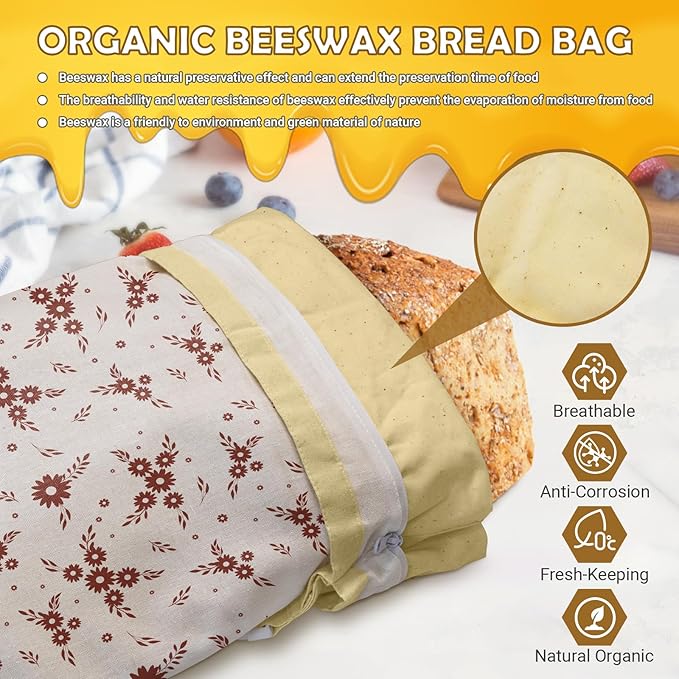 Large Linen Beeswax Bread Bags(2 Pack) Sourdough Bread Bags Reusable Double-Lock Freezer Baking Container Gift Giving for Homemade,Loaf,Sourdough,Food Storage (Flowers 2)