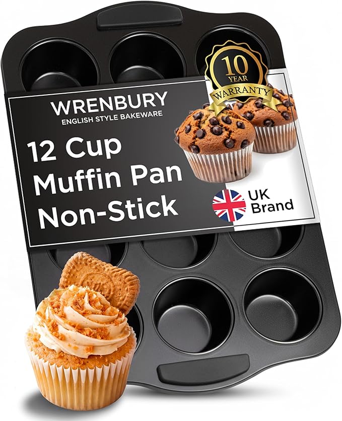 Wrenbury Nonstick Muffin Pan 12 Cup – Deep Cupcake Yorkshire Pudding Tin, PTFE & PFOA Free Carbon Steel, Warp Resistant Baking Tray for Even Bakes