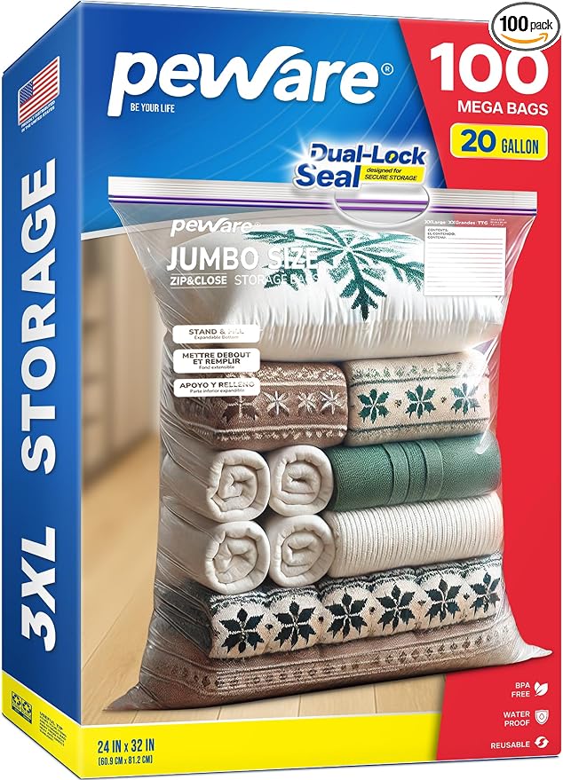 [100 COUNT] 20 GALLON Jumbo Storage Bags, 4Mil Giant Plastic Bags, Double Zipper Extra Large XXL Zip Top Baggies for Clothes Pillow Travel Moving, 24"x32"