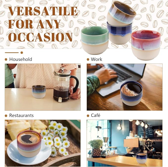 4 Pieces Handleless Porcelain Espresso Cups Set, 5 Oz Porcelain Espresso Mugs, Semi-Glaze Clay Demitasse Coffee Cups for Home Office Mocha Tea Machine (2.3" x 2.7", Colorful)