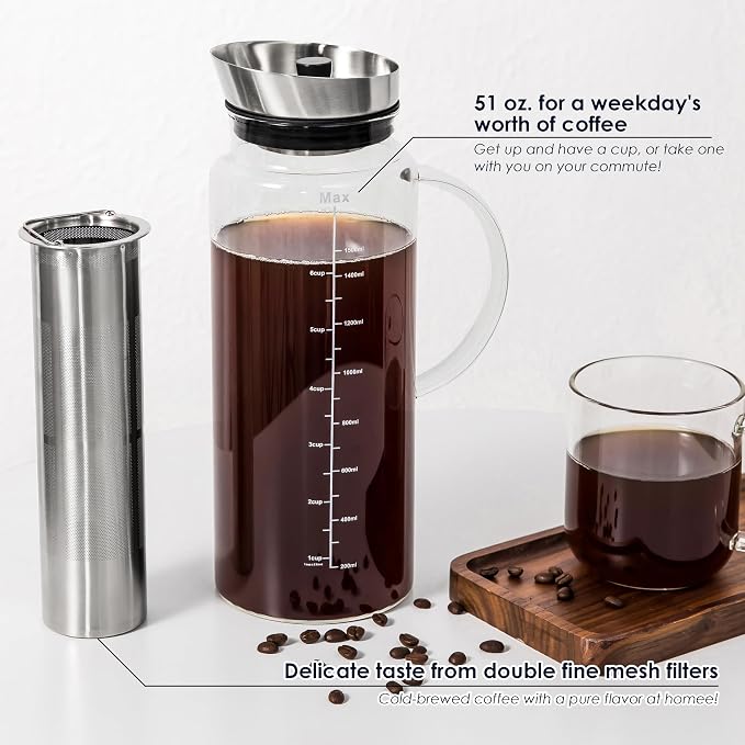 Aquach 51oz Cold Brew Coffee Maker, Borosilicate Glass Pitcher for Iced Tea | Dishwasher Safe, Family Size, Up to 2 Weeks Fresh Aroma, Refrigerator Fit, 304 Stainless Filter