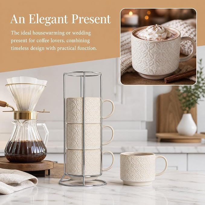 6 Oz Coffee Mugs with Stand, Stackable Ceramic Espresso Cups Set of 4, Embossed Coffee Cups Sets, Porcelain Cappuccino for Latte, Cocoa, Mocha, Tea, Dishwasher Safe, Vintage White