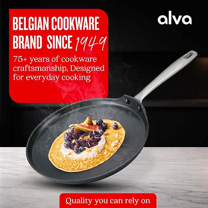 Alva Maestro Ceramic Nonstick Crepe Pan, 10 Inch Pancake Pan and Egg Pan, PFAS-Free Flat Griddle Pan, Induction Compatible Oven Safe Breakfast Pan for Crepes, Pancakes, Eggs and Blinis